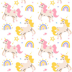 Cute pattern with unicorns, rainbow, stars, vector seamless pattern