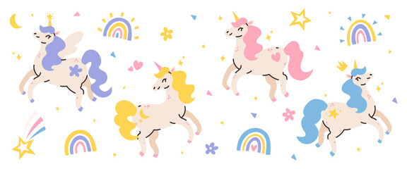 Set of cute unicorns with rainbow, stars, vector illustration, isolated on white background, fairy ponies