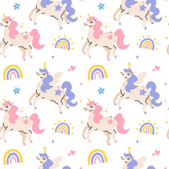 Cute pattern with unicorns, rainbow, stars, vector seamless pattern
