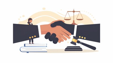 An artistic illustration depicts a large handshake over legal icons like a gavel and scales, with a lawyer figure standing on books, symbolizing justice and agreement.
