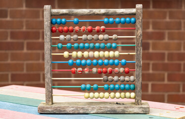 Traditional Vintage style Abacus On brick Background, vintage school days concept