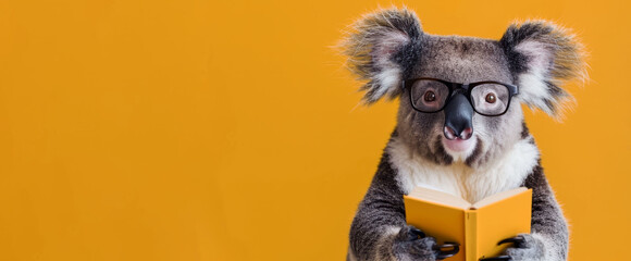 A koala wearing glasses, reading a book against an orange background, depicting a cute and scholarly look.