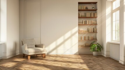 A cozy reading corner featuring a comfortable armchair, shelves filled with books, and large windows allowing natural light to illuminate the serene and homely space.