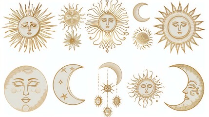 A collection of ornate golden sun and moon illustrations featuring various intricate designs, each symbolizing harmony and celestial beauty in a unique artistic style.