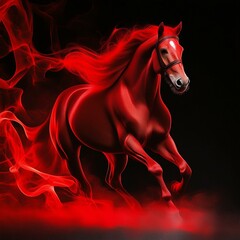 Czerwony koń w biegu otoczony czerwoną mgłą na czarnym tle