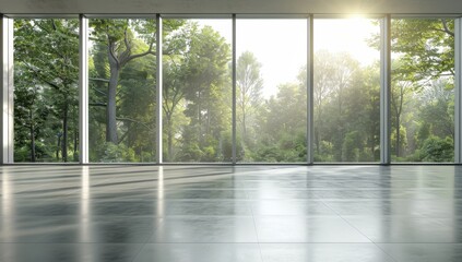 A large empty room with floor-to-ceiling windows overlooking trees and greenery in a modern architectural style Generative AI