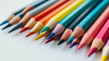 Close-up of multiple colored pencils neatly arranged in a row on a white paper background, highlighting the vivid and varied colors suitable for artistic and educational purposes.