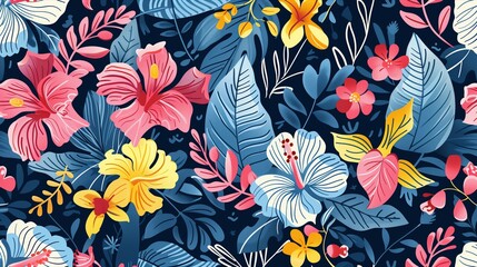 A colorful floral pattern with a blue background. The flowers are in various colors and sizes, and the leaves are also colorful. Scene is bright and cheerful, with a sense of nature and beauty