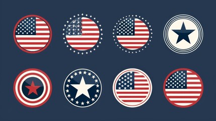 A series of eight round badges with the American flag and stars in a modern, minimalistic style, using different patterns and simplified designs on a blue background.