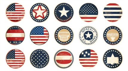 Sixteen round badges with various American symbols, such as flags and stars, in a vintage style, showcasing a patriotic theme with distinct and decorative designs.