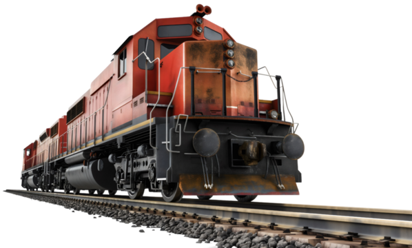 Red old vintage retro classic historic locomotive train on railway railroad isolated on transparent background. Transportation and travel steel track line, industry, perspective, journey