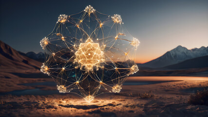 Wireframe mesh net of digital image of  Sphere Illustration with connected Lines and Dots. AI generated image