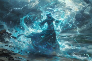 Fototapeta premium A mystical figure stands at the edge of a stormy shoreline, commanding the turbulent waves