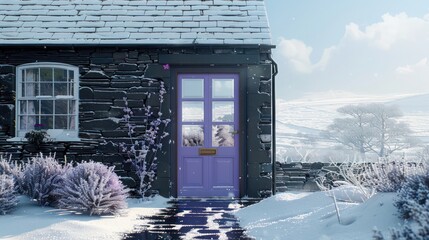 soft lavender door with glass panels on a dark slate house, adding a touch of whimsy to a snowy landscape