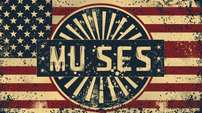 A retro-style emblem with the text 'MU SES' prominently overlaid on an American flag, representing cultural pride and artistic expression with historic undertones.