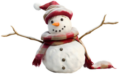 Happy snowman with carrot nose, vintage scarf, carrot nose, and wooden hand sticks isolated on transparent background. Winter holiday outdoor nature fun, December