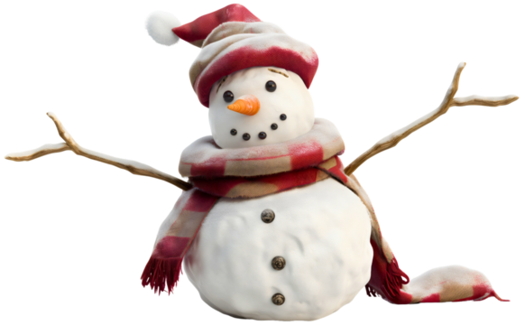 Happy snowman with carrot nose, vintage scarf, carrot nose, and wooden hand sticks isolated on transparent background. Winter holiday outdoor nature fun, December