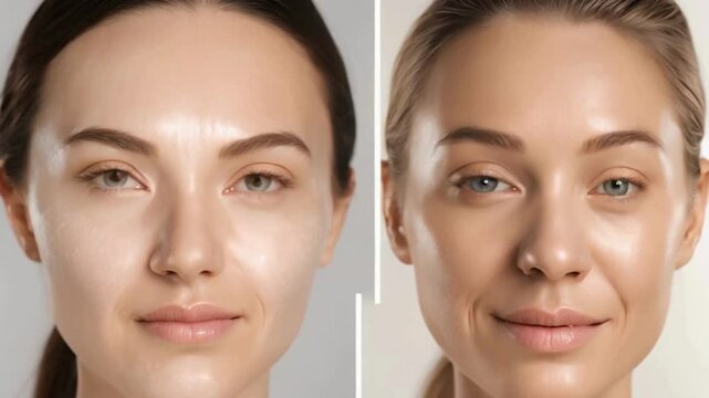 A split-screen showcasing the before and after results of a skincare routine