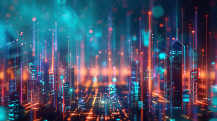 Streams of data flowing through the city, represented by glowing lines or symbols, indicating real-time analytics and communication. 