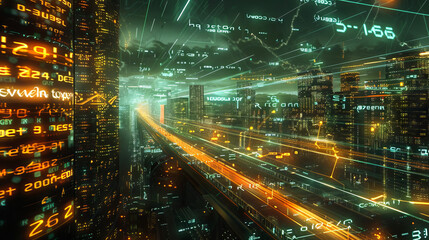 Obraz premium Streams of data flowing through the city, represented by glowing lines or symbols, indicating real-time analytics and communication. 