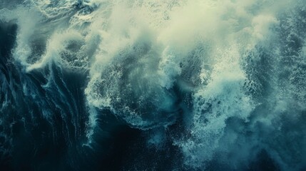 A powerful depiction of tumultuous ocean waves crashing and frothing against each other, capturing the raw energy, movement, and dramatic nature of the sea in vivid detail.