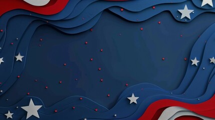 This image features a dynamic wavy design using red, white, and blue colors with white stars scattered across the composition, evoking a patriotic theme.