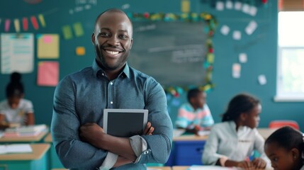 A teacher stands confidently with a tablet in his hands, smiling, in a classroom with students in the background, illustrating a positive and engaging educational experience.