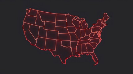 An outline map of the United States with a glowing red effect around its borders, highlighting the state's boundaries prominently against a dark background.
