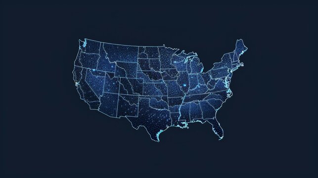 A detailed map of the United States created using blue dots, with highlights marking different regions and states, providing a modern and technological appearance.