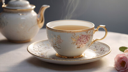 A beautifully ornate porcelain teacup filled with tea, set on a matching saucer. The teacup features intricate floral designs with gold accents, creating an elegant and timeless aesthetic.