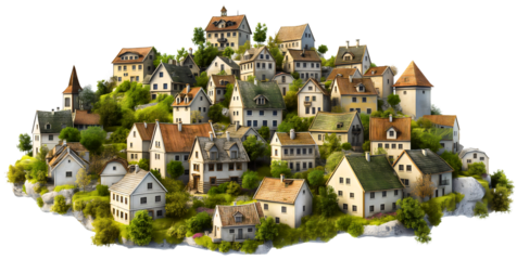 Ocean or sea coast shore seaside city town house or home buildings architecture isolated on transparent background. Summer travel tourism, Mediterranean vacation destination, village, aerial