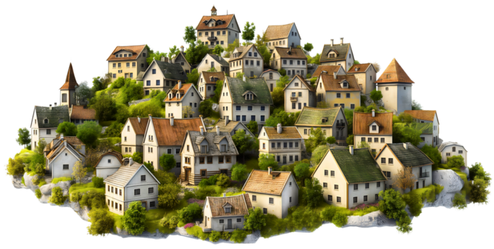 Ocean or sea coast shore seaside city town house or home buildings architecture isolated on transparent background. Summer travel tourism, Mediterranean vacation destination, village, aerial