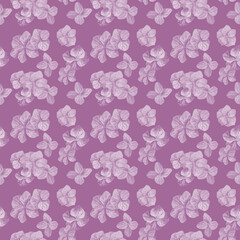 Floral pattern with hydrangea flowers in pastel purple color palette. Seamless design for fabric, wrapping paper, home textile, wallpaper and more. Flowers are painted with watercolors and toned.