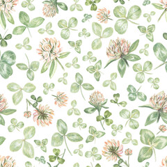 White clover seamless pattern. Elegant floral design, watercolor hand drawn clover flowers and leaves isolated on transparent. For fabric, home textile, wallpaper, wrapping paper