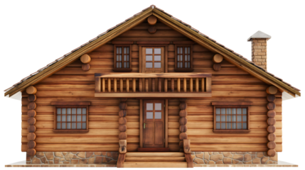 Old wooden cottage isolated on transparent background. Brown rustic village house or home architecture, exterior view. Rural forest or countryside nature cabin, travel chalet apartment