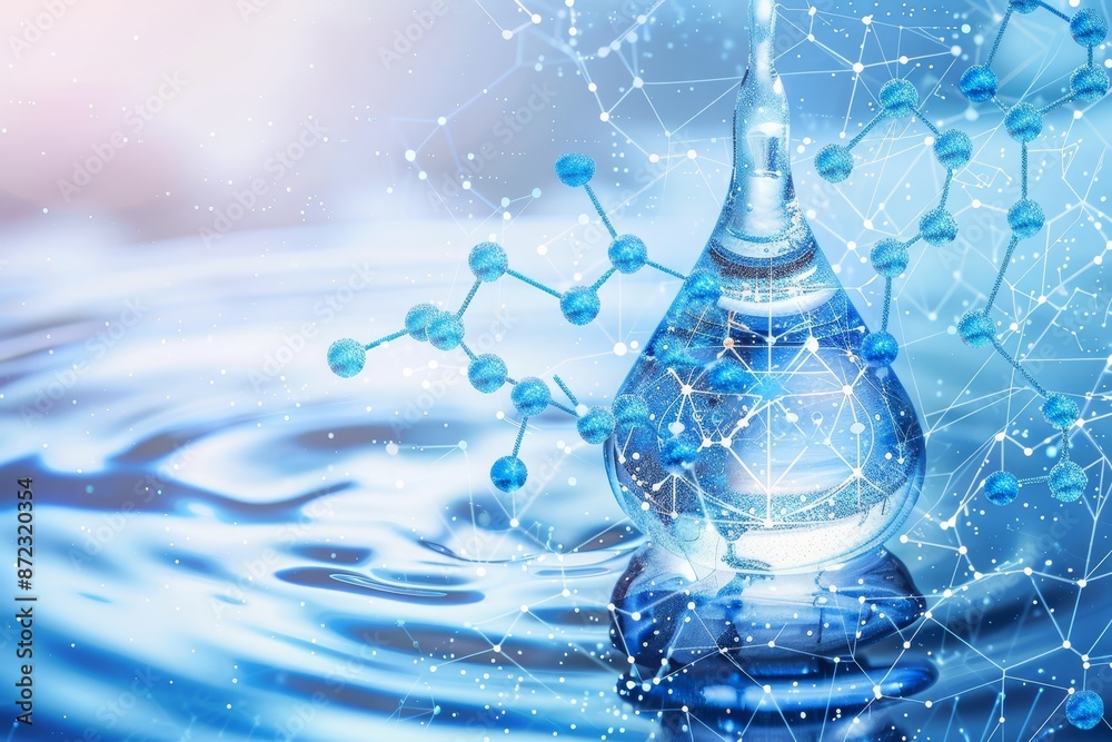 Poster Transparent Water Droplet with Embedded Molecule Structure on a Digital Interface, Representing Science and Clarity