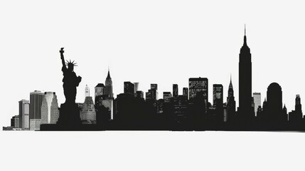 Silhouette of New York City skyline featuring high-rise buildings and the Statue of Liberty prominently displayed on the left side, with an overarching black and white theme.