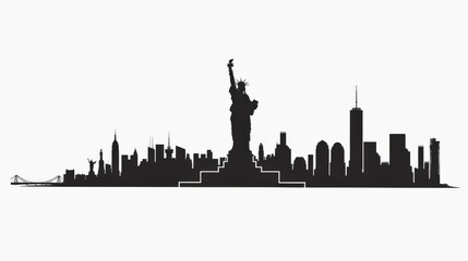 Black and white silhouette art capturing the iconic Statue of Liberty standing in the forefront, with the majestic New York City skyline spanning behind it.
