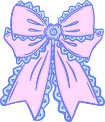 Elegant vintage bow with lace trim and flower. Delicate hand-drawn decoration for hair or clothing. Coquette aesthetics. Organic lines. Clipart element for wedding decorations, greeting cards, tags