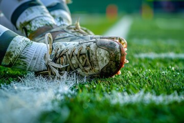Muddy soccer cleats on a grass field.