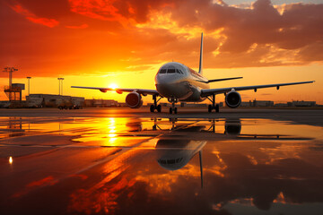 A large passenger airplane paked on a stand in the warm light of a sunset