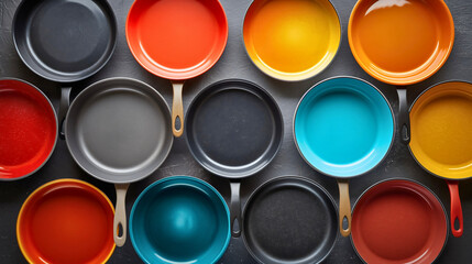 Top above view of many frying pans of different colors. Metal kitchenware cooking utensil with handle, steel iron domestic home equipment