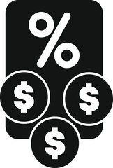 Simple black and white icon of a percentage symbol over three coins, representing the concept of calculating interest rates