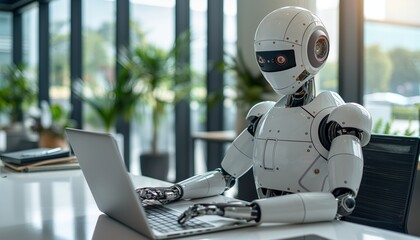 A white robot is engaging with a laptop in a well-lit office, surrounded by green plants, demonstrating the intersection of nature and technology in a work environment.