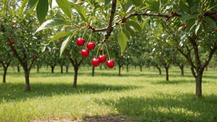 Fototapeta premium Bountiful Harvest Ripe Cherries in Vibrant Red Among Lush Greenery