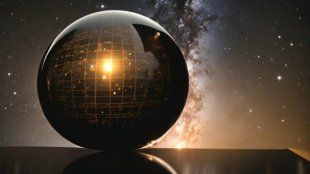 The polished obsidian sphere bears a mathematical equation