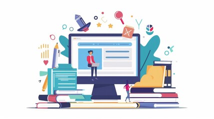 An illustration showing digital learning with students surrounded by books and a modern technology setup, including computers and various educational icons in a vibrant setting.