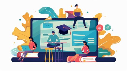 An illustration depicting online education with students using various devices like laptops and tablets, surrounded by educational symbols in an engaging digital environment.