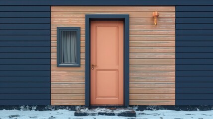 soft peach door with classic wood paneling on a dark blue modern house, soft and warm in a wintry urban setting