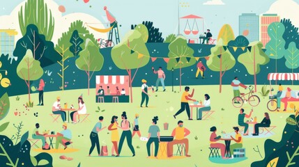 An illustration of families and friends enjoying a sunny day in the park, having a picnic, engaging in conversations, and leisurely activities with a backdrop of nature and trees.